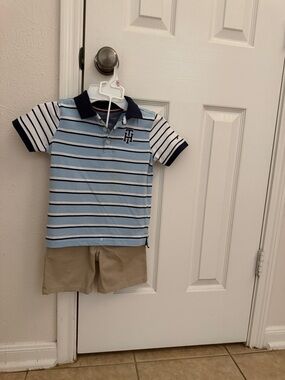 Tommy Hilfiger Light Blue and Navy Striped Polo short set